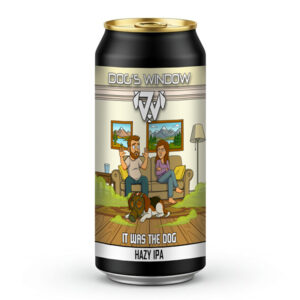 A 440ml black craft beer can with a gold top featuring the "Dog's Window" logo. The label shows a cartoon illustration of a man and woman sitting on a sofa; the woman is glaring at the man, who has his hands raised defensively. In the foreground, a dog wearing a gas mask lies on a wooden floor surrounded by a green gas cloud. The text at the bottom reads "It Was The Dog" and "Hazy IPA".