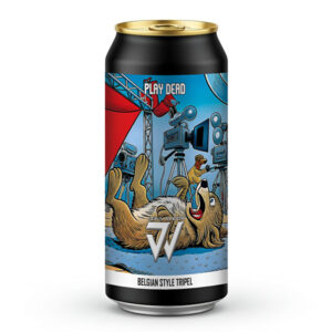 A 440ml black craft beer can with a gold top. The label shows a cartoon illustration of a furry dog lying on its back, acting dead on a movie set surrounded by cameras, lights, and a dog director. The "Dog's Window" logo is prominent, with text reading "Play Dead" and "Belgian Style Tripel"