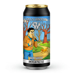 A 440ml black craft beer can with a gold top featuring the "Dog's Window" logo. The label shows a cartoon illustration of a frustrated man blowing hard into a dog whistle and holding an empty dog lead, while a small dog ignores him and walks away along a path through bare trees. The text at the bottom reads "Silent Whistle" and "American Pale Ale".