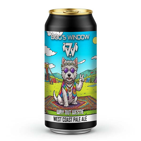 A 440ml black craft beer can with a gold top featuring the "Dog's Window" logo. The label shows a cartoon Westie dog wearing a tie-dye vest, purple sunglasses, a flower crown, and a peace sign necklace, sitting on a patterned rug and making a peace sign with its paw. The background depicts a sunny outdoor music festival with a stage and tents. The text at the bottom reads "Way Out Westie" and "West Coast Pale Ale".
