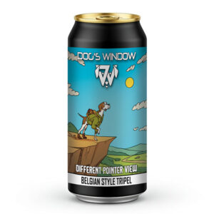 A 440ml black craft beer can with a gold top featuring the "Dog's Window" logo. The label shows a cartoon illustration of a pointer dog wearing a green jacket and backpack, standing on a cliff edge looking out over a green valley under a sunny blue sky. The text at the bottom reads "Different Pointer View" and "Belgian Style Tripel".
