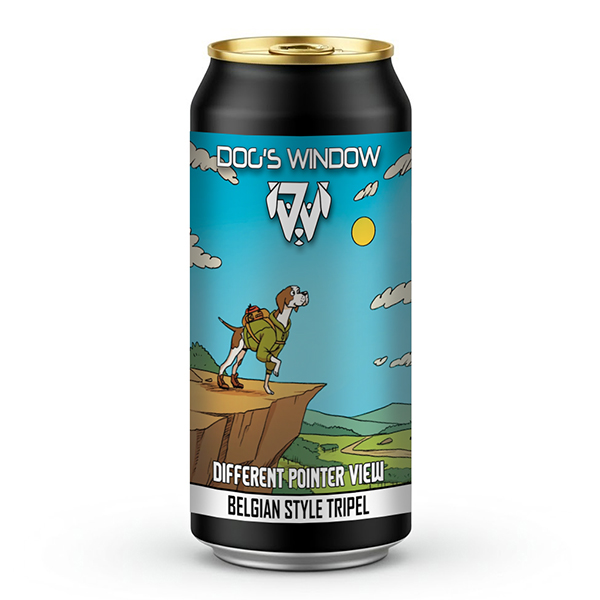 A 440ml black craft beer can with a gold top featuring the "Dog's Window" logo. The label shows a cartoon illustration of a pointer dog wearing a green jacket and backpack, standing on a cliff edge looking out over a green valley under a sunny blue sky. The text at the bottom reads "Different Pointer View" and "Belgian Style Tripel".