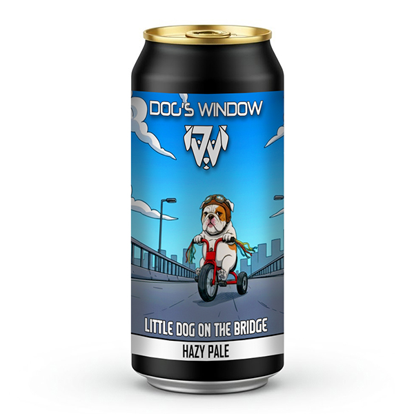 A 440ml black craft beer can with a gold top featuring the "Dog's Window" logo. The blue label shows a cartoon bulldog wearing an aviator hat and goggles, riding a small red tricycle with streamers on the handlebars across a bridge. The text at the bottom reads "Little Dog on the Bridge" and "Hazy Pale".