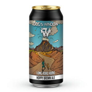 A 440ml black craft beer can with a gold top featuring the "Dog's Window" logo. The label shows a cartoon illustration of a person with a backpack and a small dog walking along a winding path toward an erupting volcano in the background. The text at the bottom reads "Long Road Home" and "Hoppy Brown Ale".