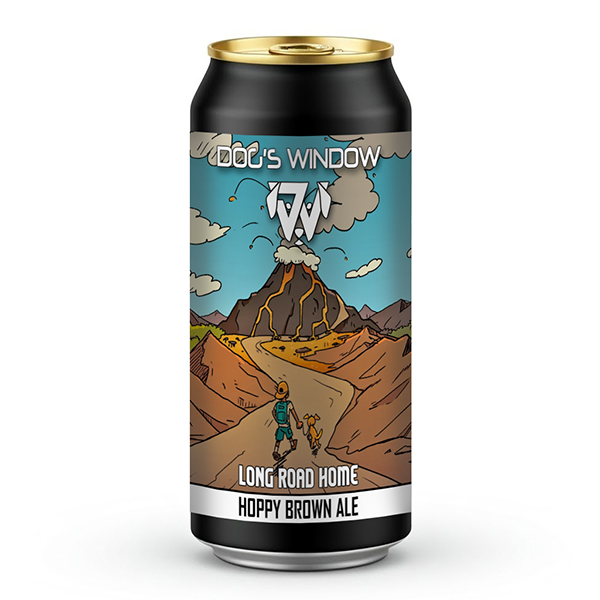 A 440ml black craft beer can with a gold top featuring the "Dog's Window" logo. The label shows a cartoon illustration of a person with a backpack and a small dog walking along a winding path toward an erupting volcano in the background. The text at the bottom reads "Long Road Home" and "Hoppy Brown Ale".