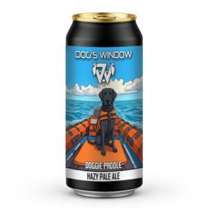 A black beer can with a gold rim on a plain white background. The blue label features the Dog's Window logo and an illustration of a black dog wearing an orange life jacket, sitting on an orange boat at sea. Text on the can reads 'Doggie Paddle' and 'Hazy Pale Ale'.
