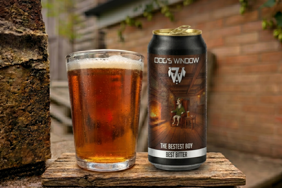 A poured glass of amber beer next to a black can of Dog's Window Brewery 'The Bestest Boy' Best Bitter. They are sitting on a rustic wooden plank outdoors against a brick background. A banner at the bottom reads 'Proudly presenting: The Bestest Boy Best Bitter. Available now