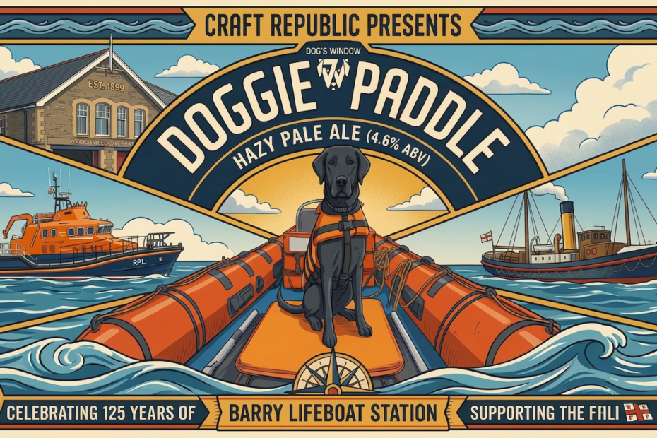 A vintage-style illustrated poster for 'Doggie Paddle Hazy Pale Ale' by Craft Republic and Dog's Window Brewery. The central artwork shows a black dog in a lifejacket sitting in an orange lifeboat. The border features illustrations of the Barry Lifeboat Station, a modern RNLI lifeboat, and a historic steam-powered lifeboat, with text reading 'Celebrating 125 Years of Barry Lifeboat Station' and 'Supporting the RNLI'