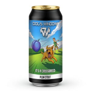 A beer can for Dog's Window "It's A Crossbreed" Plum Stout. The label features a blue and green cartoon illustration of a brown dog eagerly chasing a large plum thrown by a person outdoors.