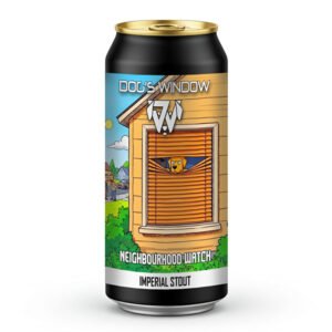 A black beer can featuring a label for Dog's Window. The cartoon artwork shows a golden dog peering out through orange window blinds during the daytime, keeping an eye on two figures outside in the neighbourhood. The text on the label reads "Dog's Window", "Neighbourhood Watch", and "Imperial Stout".