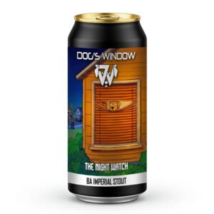 A black beer can featuring a label for Dog's Window. The cartoon artwork displays a golden dog peering out through orange window blinds at night, watching two distant figures outside. The text prominently reads "Dog's Window", "The Night Watch", and "BA Imperial Stout". As your local craft beer shop owner, I've also drafted a short, engaging e-commerce product description for you to use alongside the image, keeping it perfectly tailored for a passionate customer.