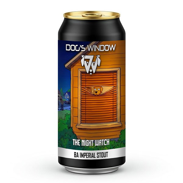 A black beer can featuring a label for Dog's Window. The cartoon artwork displays a golden dog peering out through orange window blinds at night, watching two distant figures outside. The text prominently reads "Dog's Window", "The Night Watch", and "BA Imperial Stout". As your local craft beer shop owner, I've also drafted a short, engaging e-commerce product description for you to use alongside the image, keeping it perfectly tailored for a passionate customer.