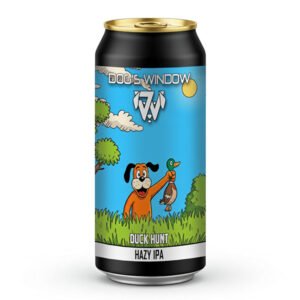 Dog's Window Duck Hunt Hazy IPA beer can featuring retro video game artwork of a dog holding a duck