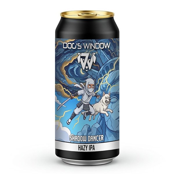 a black beer can with a white ninja and dod in front of the statue of liberty